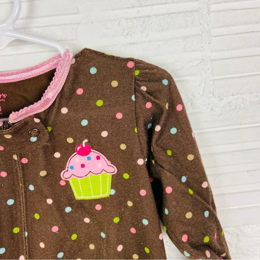 Carters Brown Polka Dot Kids One Piece footie pj with Cupcake Design size 18 M